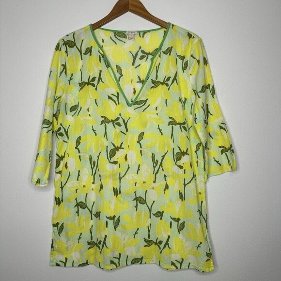 J Crew Tunic top Floral  Size L Yellow Green Cotton - Picture 1 of 9
